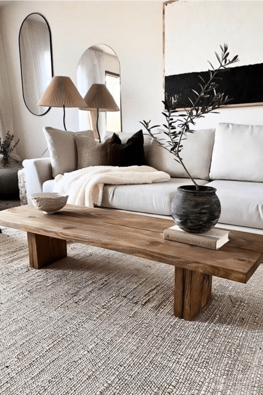 Coffee Table with Block Legs, Minimalist Wood Styling