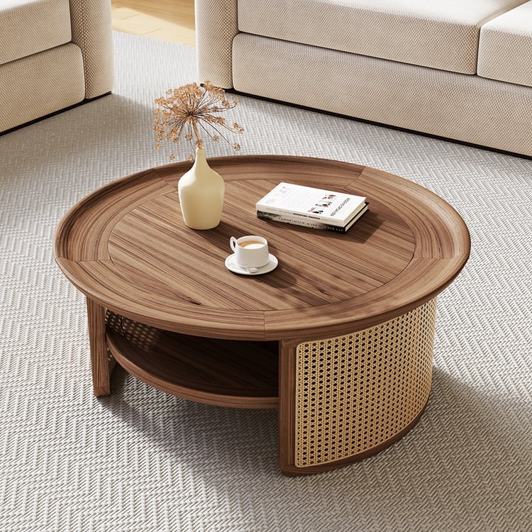 Coffee Table with Curved Rattan Base, Walnut Circular Tray Top