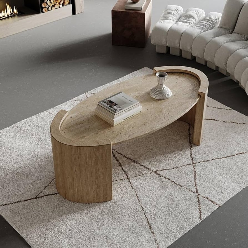 Coffee Table with Double Base, Oval Travertine Stone Top