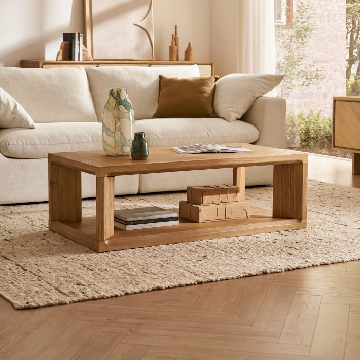 Coffee Table with Open Frame & Lower Shelf, Japandi Box Style