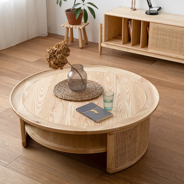 Coffee Table with Rattan Mesh Base, Ash Wood Tray Top Design