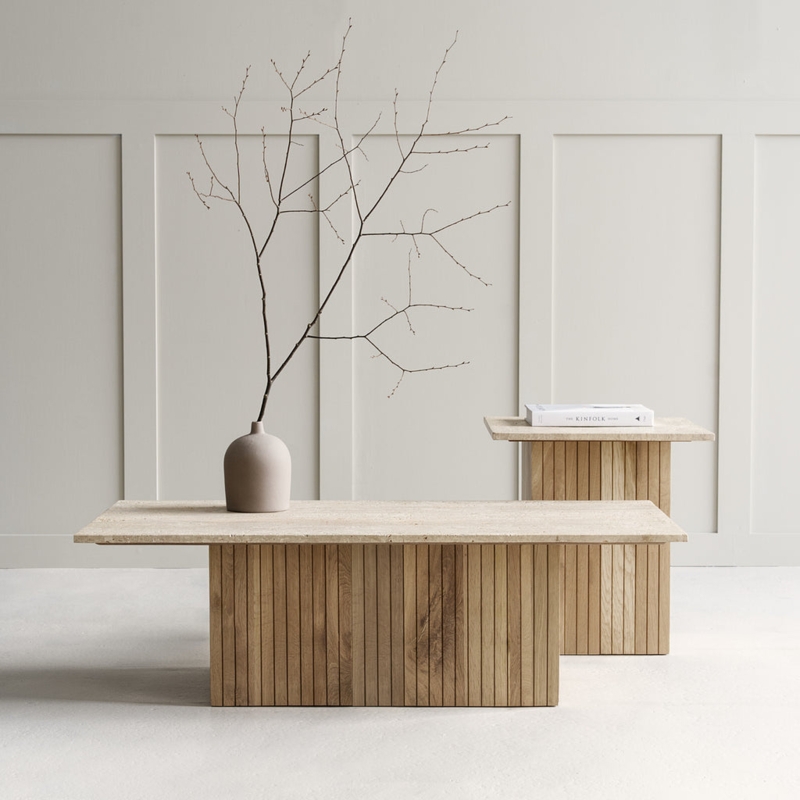 Coffee Table with Ribbed Slat Base & Cantilevered Stone Top
