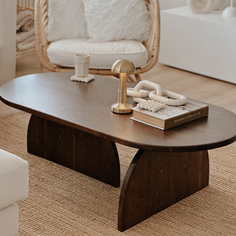 Coffee Table with Semi-Circular Walnut Base, Oval Japandi Style