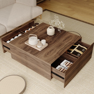 Coffee Table with Slide Out Drawers, Walnut Square Storage