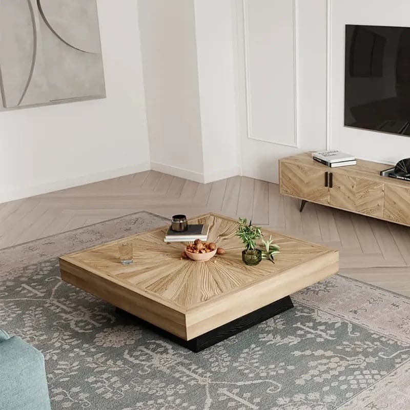 Coffee Table with Starburst Marquetry Top, Natural Wood & Black