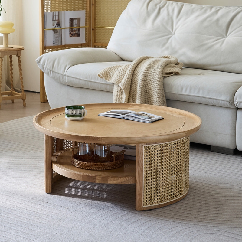 Coffee Table with Woven Base & Two-Tiered Round Tray Top