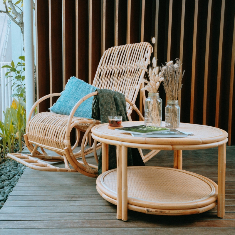 Coffee Table with Woven Surface, Artisanal Rattan Two-Tier
