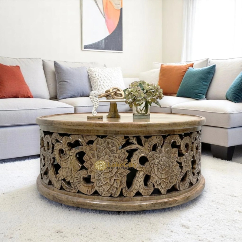 Coffee Table, Wood Drum Base, Intricate Floral Carving, High Relief