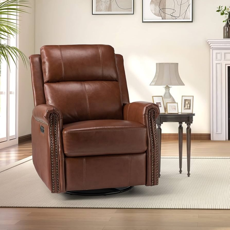 Cognac Brown Leather Power Swivel Recliner with Split Back