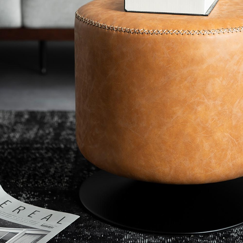 Cognac Brown Vanity Stool Cross Stitched Edge Drum Shape Matte Black