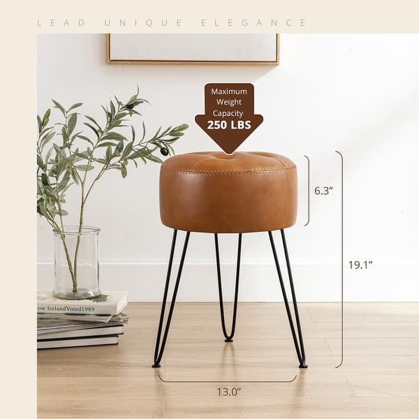 Cognac Brown Vanity Stool Tufted Seat Hairpin Legs Mid-Century