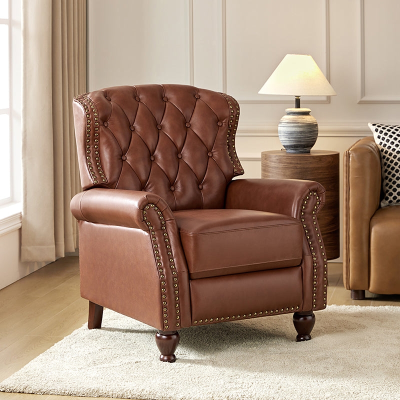 Cognac Button Tufted Wingback Recliner with Brass Nailheads