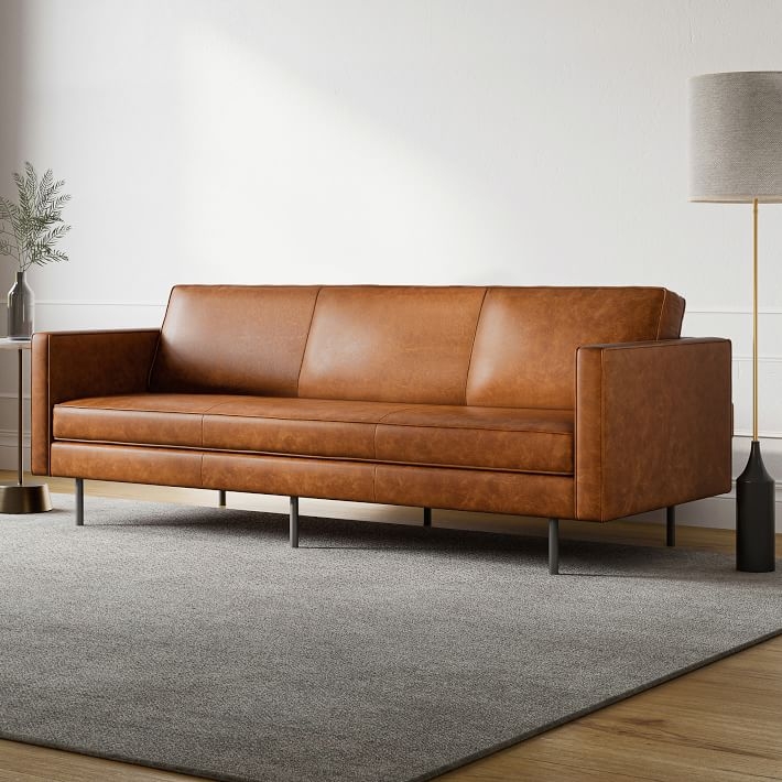 Cognac Leather Futon Sofa with Slim Metal Legs and Triple Back Cushion