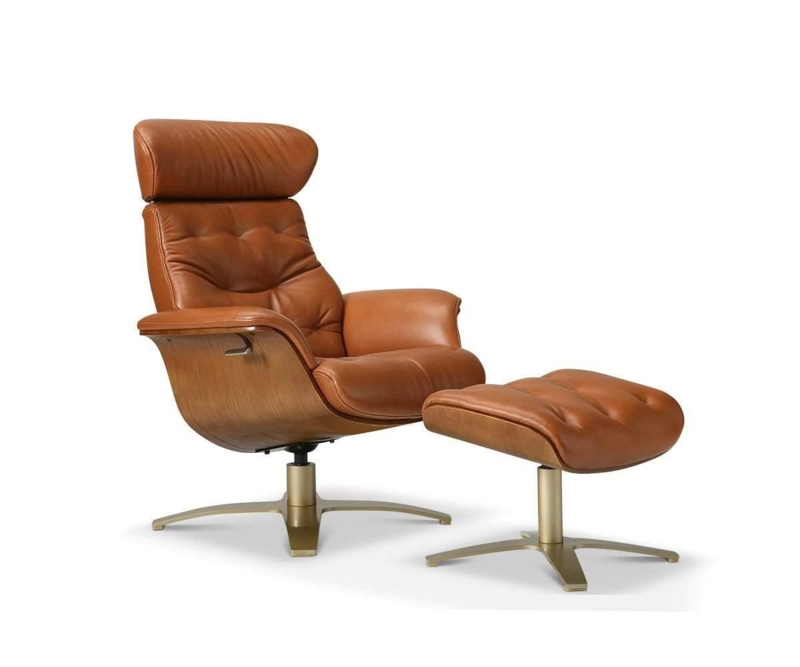 Cognac Leather Recliner Set Brushed Gold Swivel Base