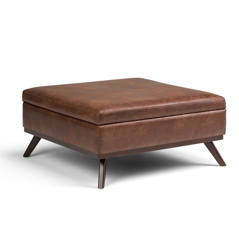 Cognac Leather Storage Ottoman Mid Century Angled Tapered Legs