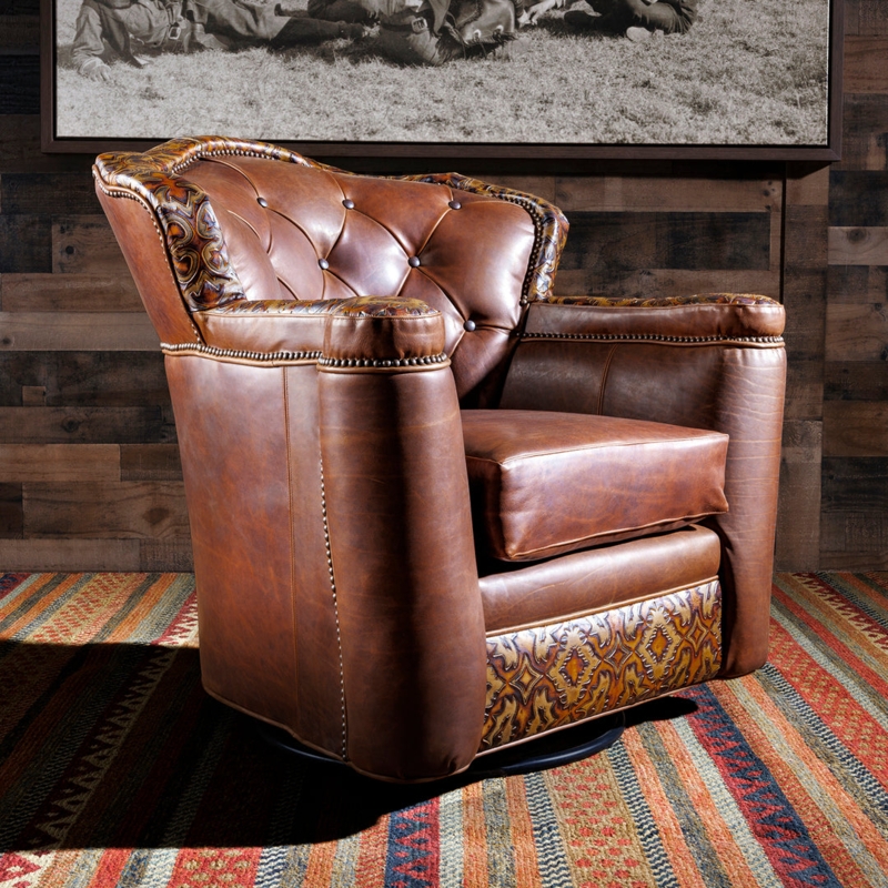 Cognac Leather Swivel Armchair Tooled Accents Diamond Tufting