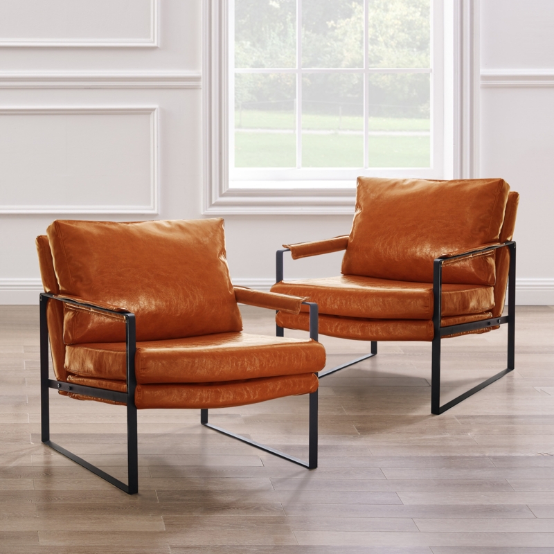 Cognac Orange Accent Chair with Oversized Cushions