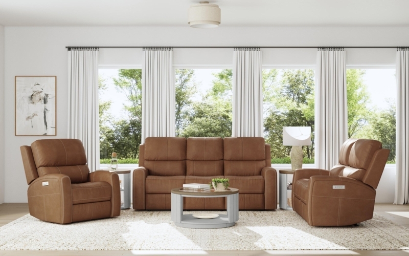 Cognac Power Recliner with Vertical Seam Detail and Lumbar Control