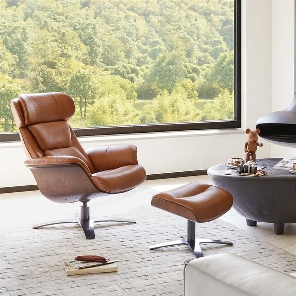 Cognac Swivel Chair with Adjustable Headrest and Curved Plywood Shell