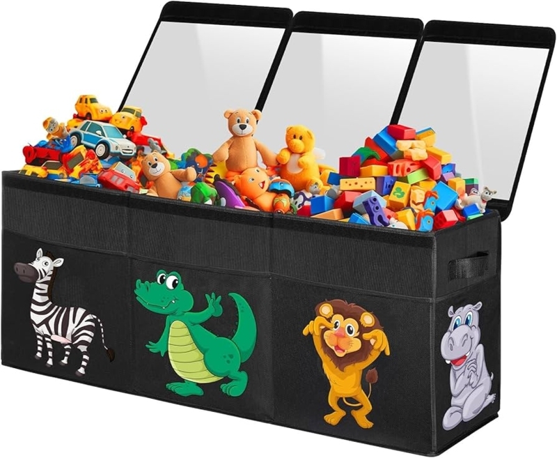 Collapsible Toy Box Black Animal Graphics Three Lids Playroom Bin