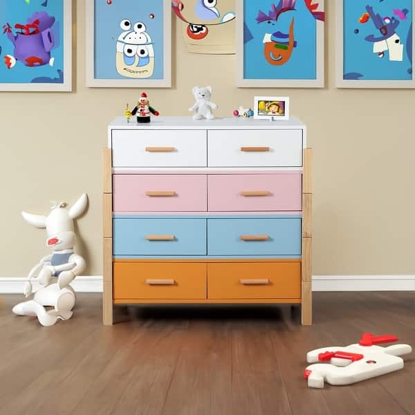 Colorful Eight Drawer Storage Chest Rectangular Wood Pulls