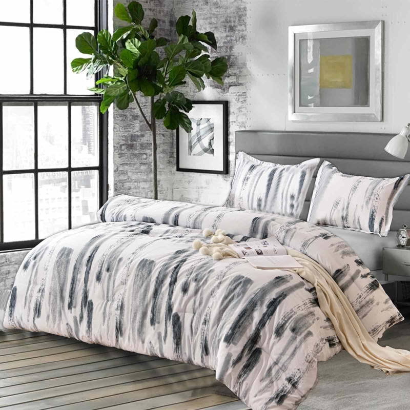 Comforter Set Abstract Brushstroke Pattern Industrial Loft Bedding Monochrome