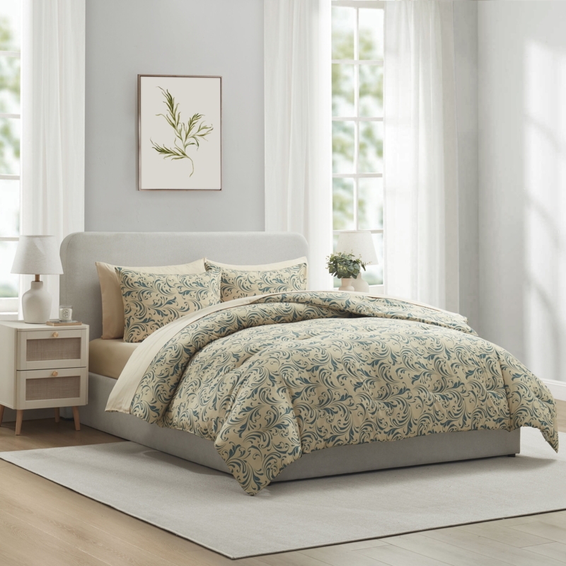 Comforter Set Biomorphic Scroll Pattern Modern Transitional Teal Cream