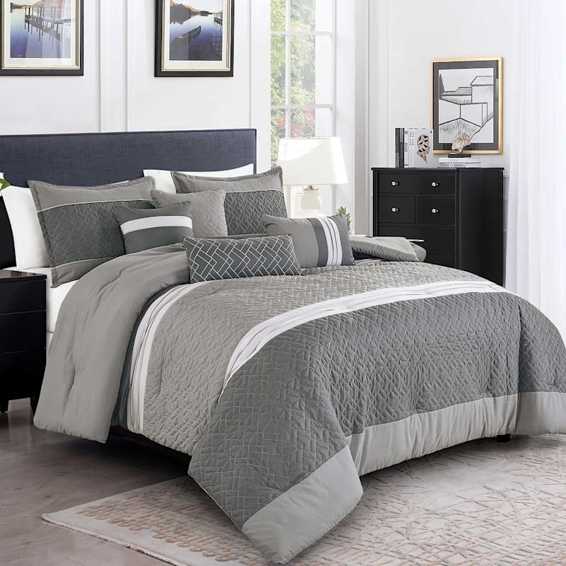 Comforter Set Diamond Quilting Horizontal Stripes Contemporary Style