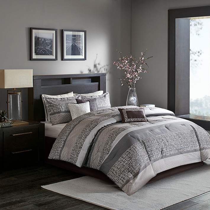 Comforter Set Jacquard Weave Grey Taupe Transitional Bedroom Styling