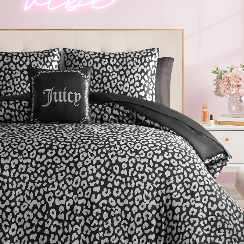 Comforter Set Juicy Couture Satin Sheen Black and Silver Leopard Print