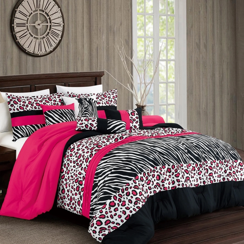 Comforter Set Mixed Animal Prints Zebra stripes Vibrant Pink Patchwork