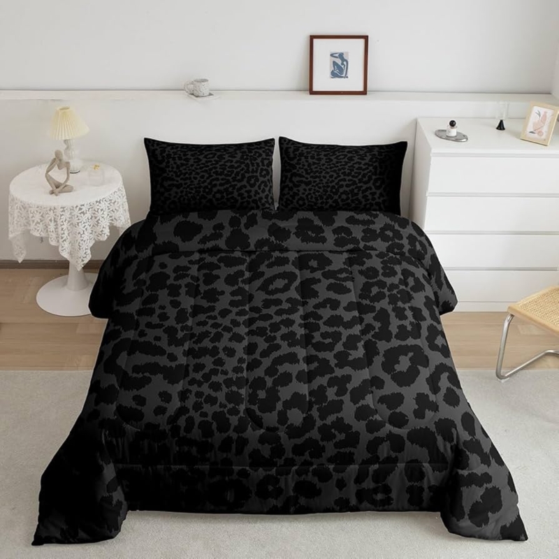 Comforter Set Monochromatic Black Leopard Print Channel Quilted Bedding