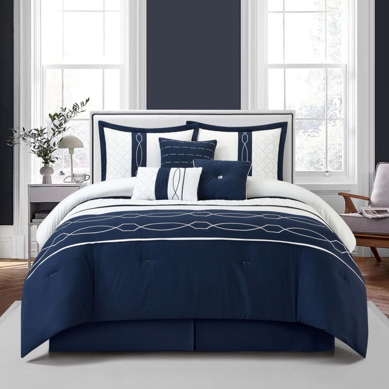 Comforter Set Navy And White Trellis Pattern Hotel Style Bedroom Decor