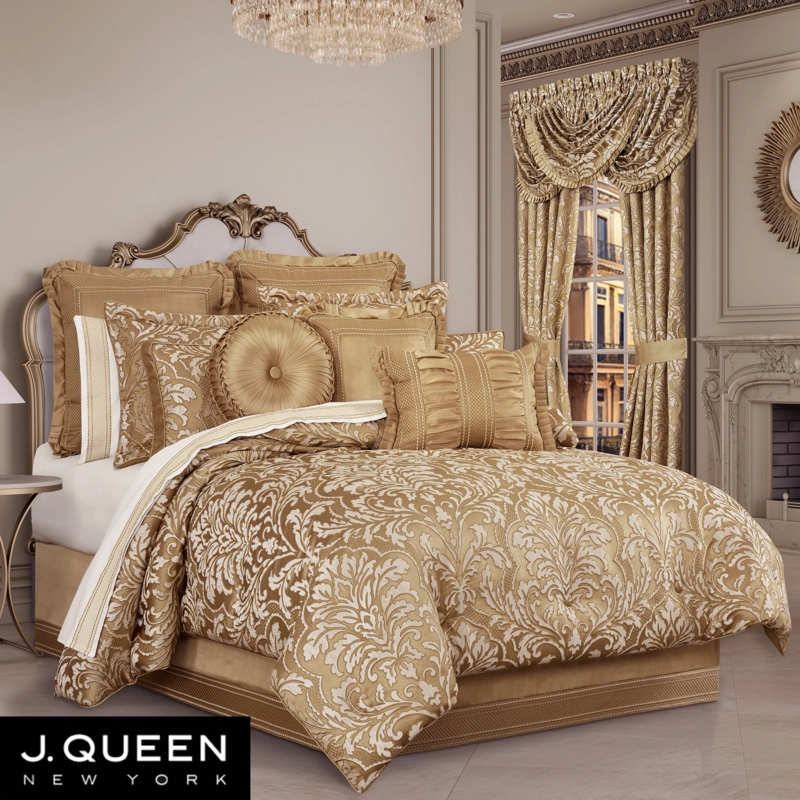 Comforter Set Oversized Jacquard Damask Regency Glam Champagne Gold