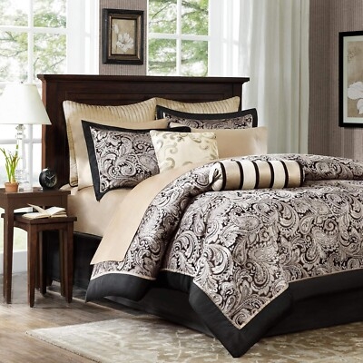 Comforter Set Paisley Print Victorian Style Contrast Border Black Beige