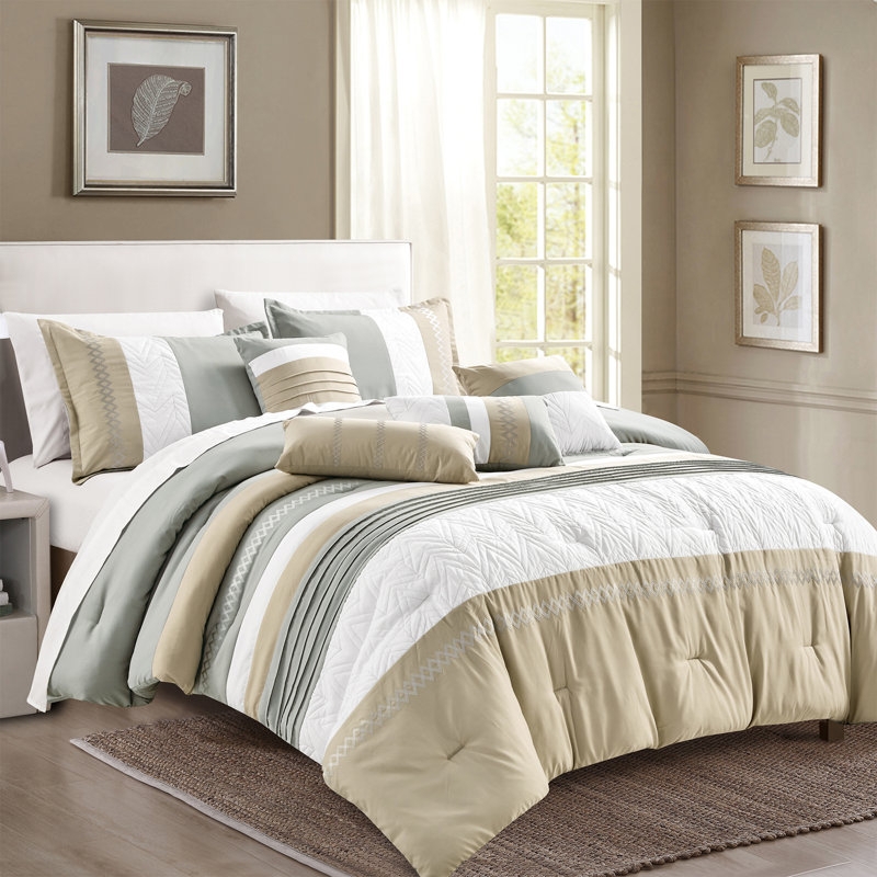 Comforter Set Pintuck Pleats Embroidered Trim Sage Green Color Block