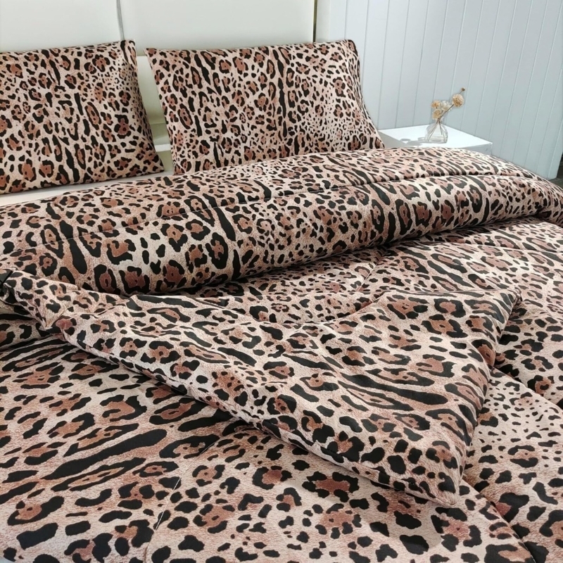 Comforter Set Quilted Tan Leopard Print Safari Style 3 Piece Bedding