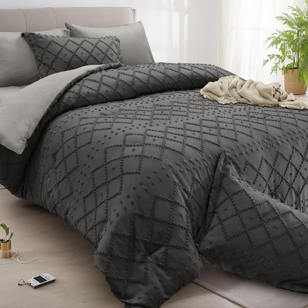 Comforter Set Raised Diamond Texture Microfiber Bedding Two Tone Gray