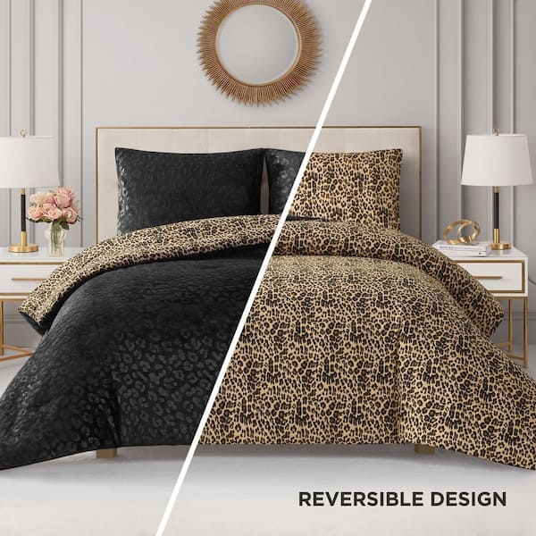 Comforter Set Reversible Embossed Black Leopard Print Glam Bedding
