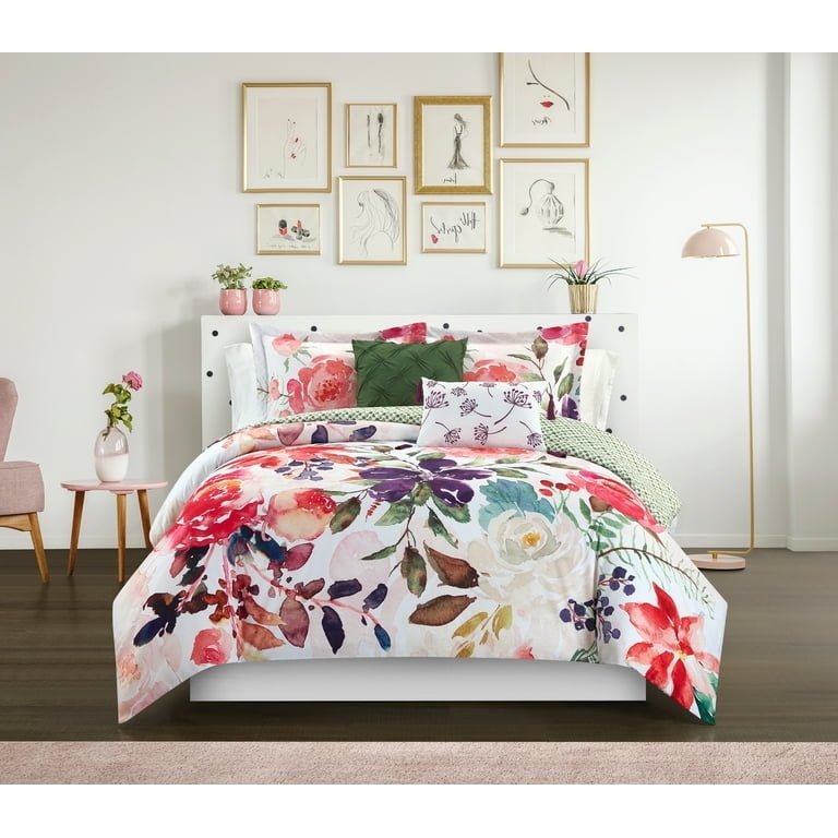 Comforter Set Watercolor Floral Print Bold Botanical Bedding Berry Red
