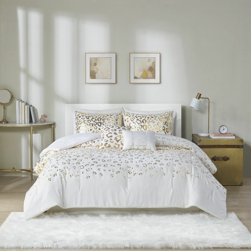 Comforter Set White and Gold Leopard Print Ombre Pattern Metallic