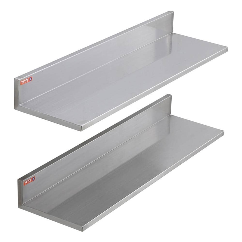 Commercial Grade Stainless Steel Floating Shelf, Integrated Backsplash