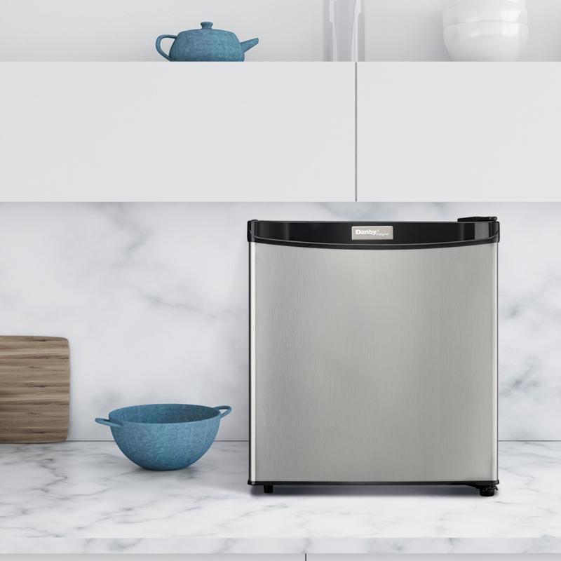 Compact Fridge with Black Top Trim and Brushed Stainless Look
