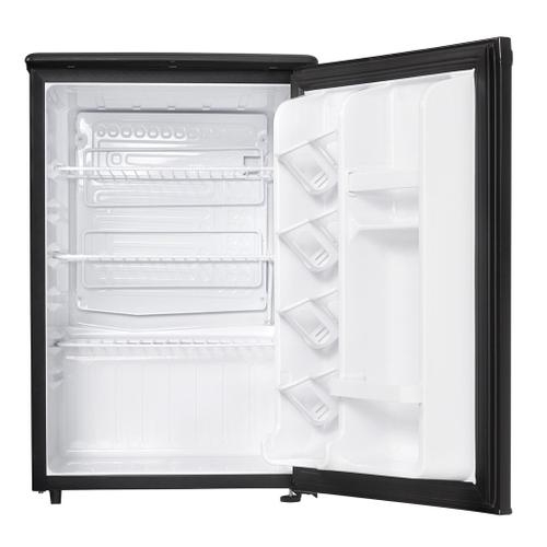 Compact Fridge with Slanted Can Storage and Wire Shelving