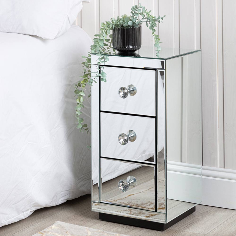 Compact Glass Bedside Cabinet: 3 Drawers, Matte Black Plinth Base