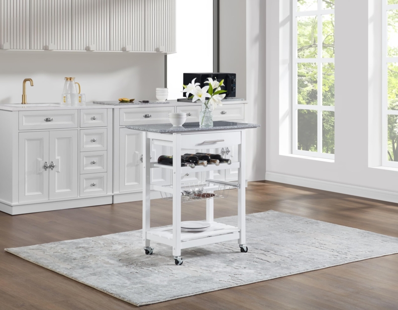Compact Kitchen Cart in White with Wine Bottle Rack and Lockable Wheels