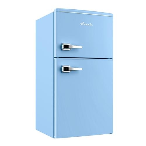 Compact Refrigerator Light Blue Two-Door Chrome Handles Retro