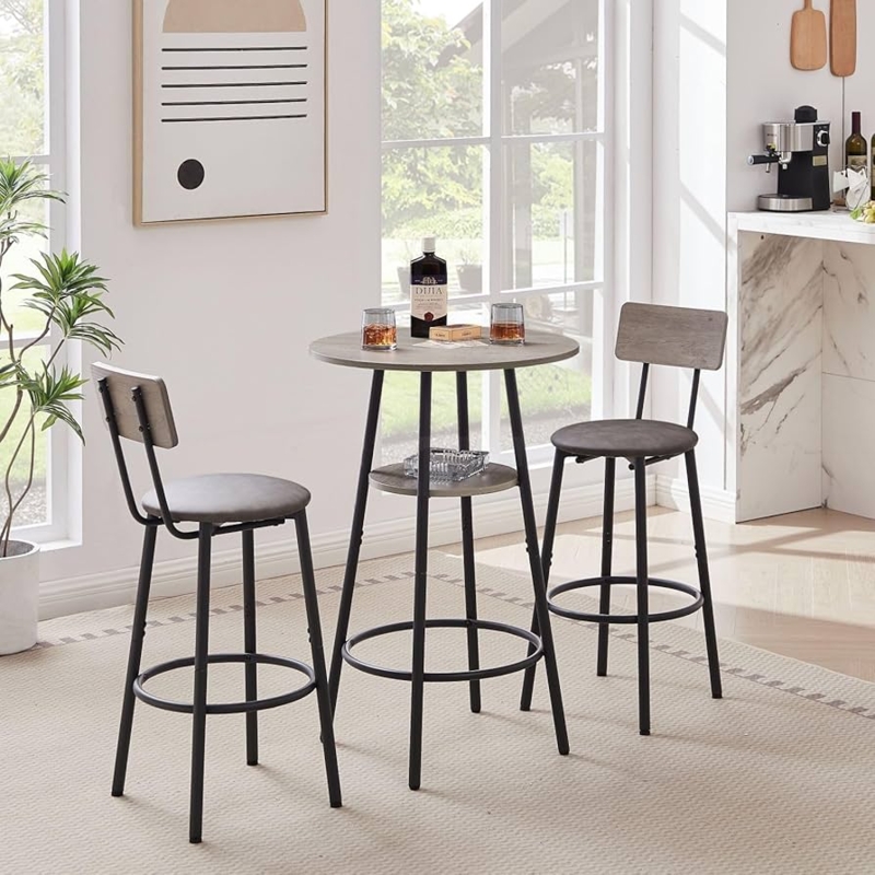 Compact Round Bar Table Set Integrated Shelf Grey Wood Toned