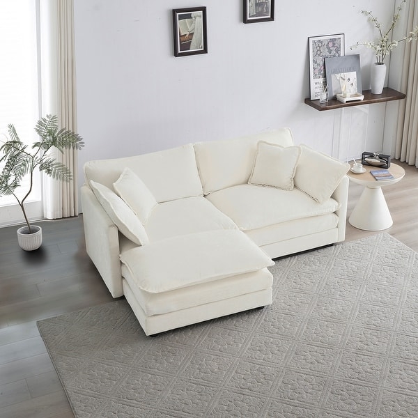 Compact Sectional Sofa in Off-White Fabric with Plush Cushions