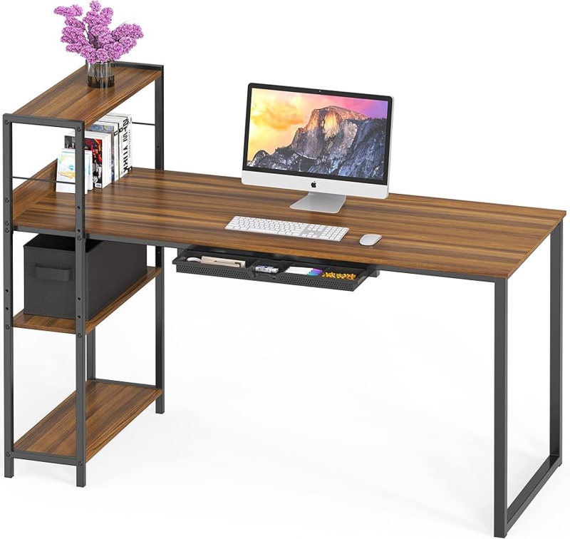Computer Desk Featuring Tiered Side Shelving and Walnut Tone